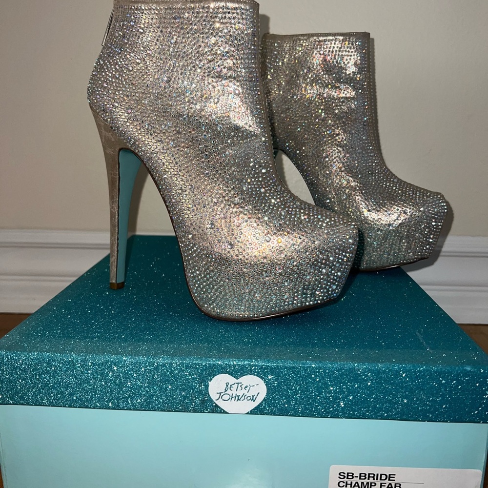 Betsey Johnson Sparkling Silver Heeled Boots